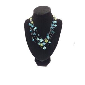 Erica Lyons Necklace Beaded Multi Strand Sparkle Blue Green Silver Tone Wire